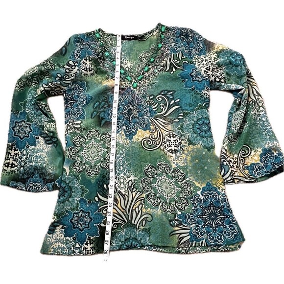 Raviya V-Neck Embellished Sheer‎ Tunic Top With Flare Sleeves Size Small - Picture 9 of 10